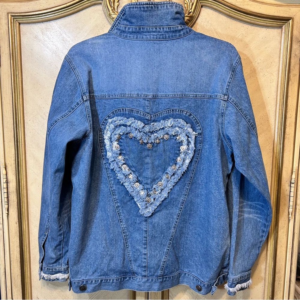 Quacker Factory Blue Denim Embellished Heart Star Charm Frayed Hem Fringe Jacket